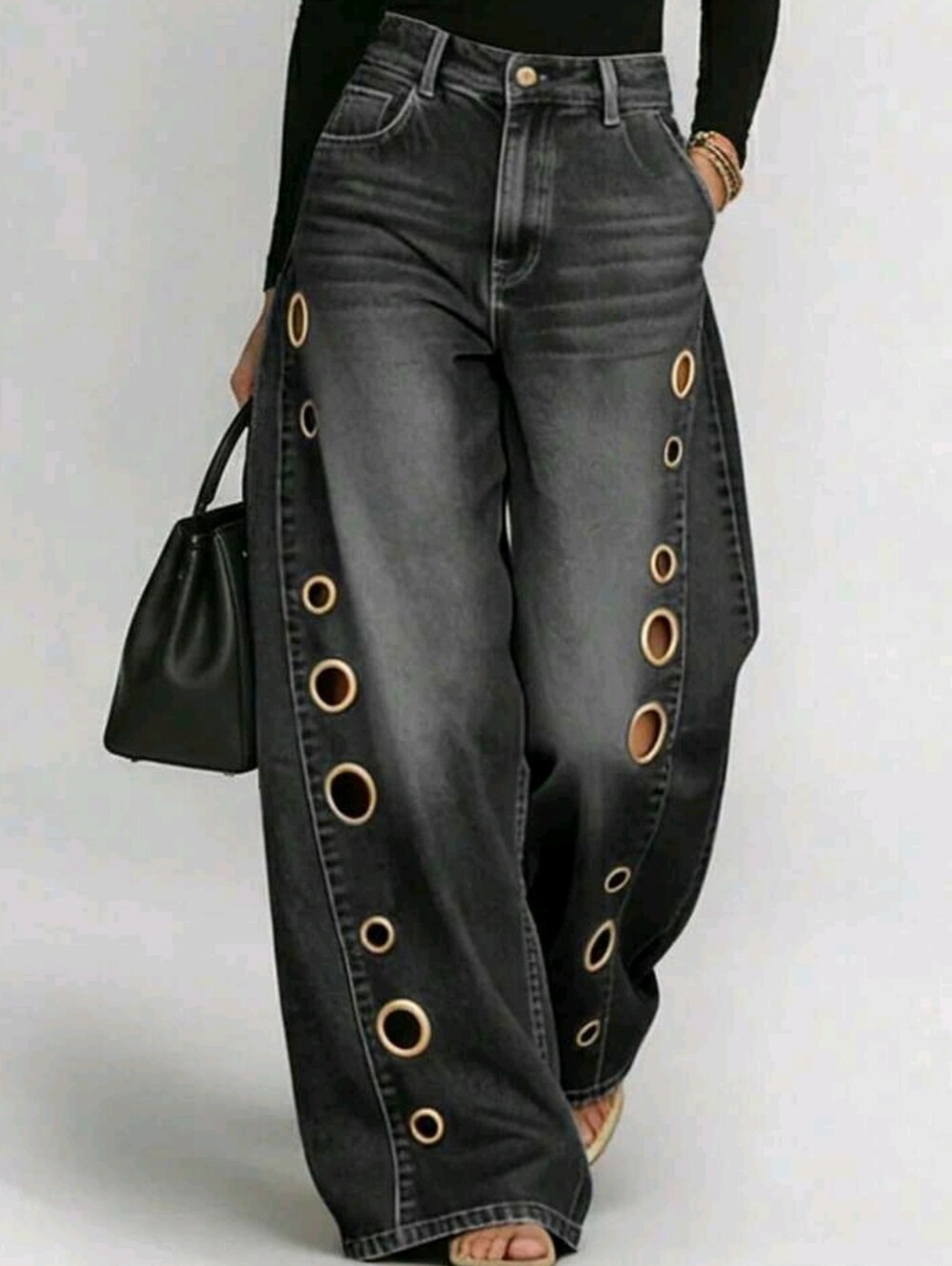 Wide Leg Black Jeans with Gold Eyelet Detail - Picture 6 of 6